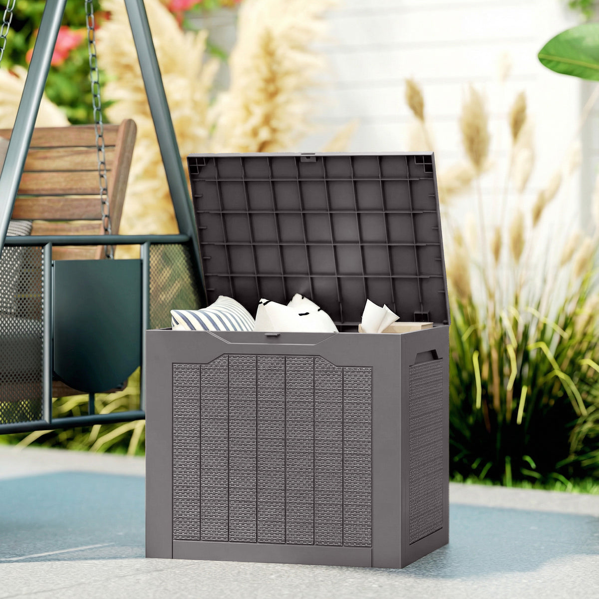 97L outdoor storage box with recessed handles, waterproof outdoor storage chest 56 x 41 x 50 cm, brown