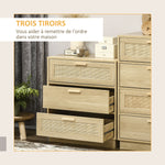 Commode design bohème en rotin avec 3 tiroirs, meuble de rangement pour le salon, le couloir, l'entrée, bois naturel