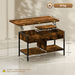 Table basse relevable et extensible, table de salon avec compartiment caché étagères ouvertes, 98x49x55cm, brun rustique-2