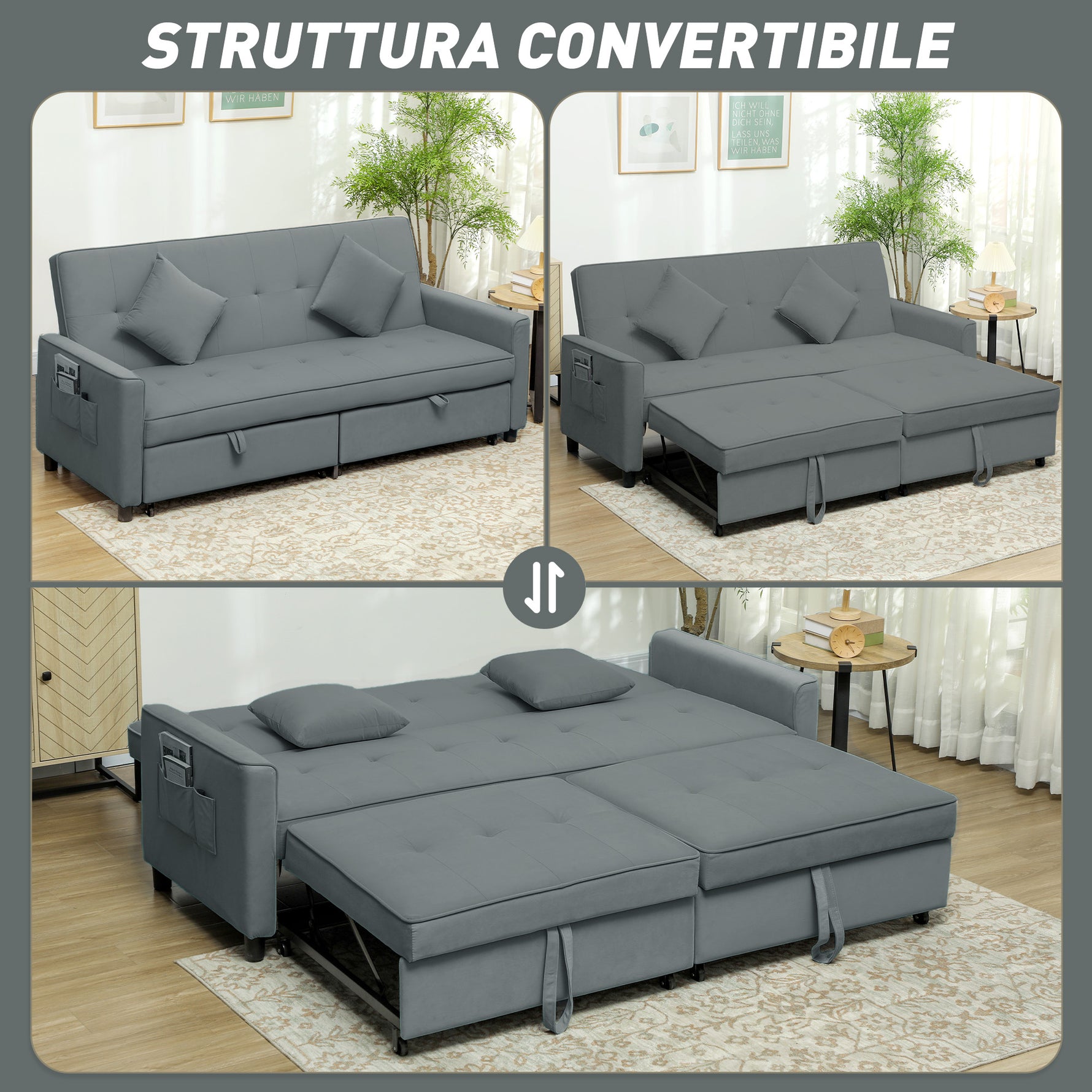 Canapé convertible 3 places canapé-lit clic-clac réversible avec dossier réglable et coussins, 196 x 90 x 89 cm, gris