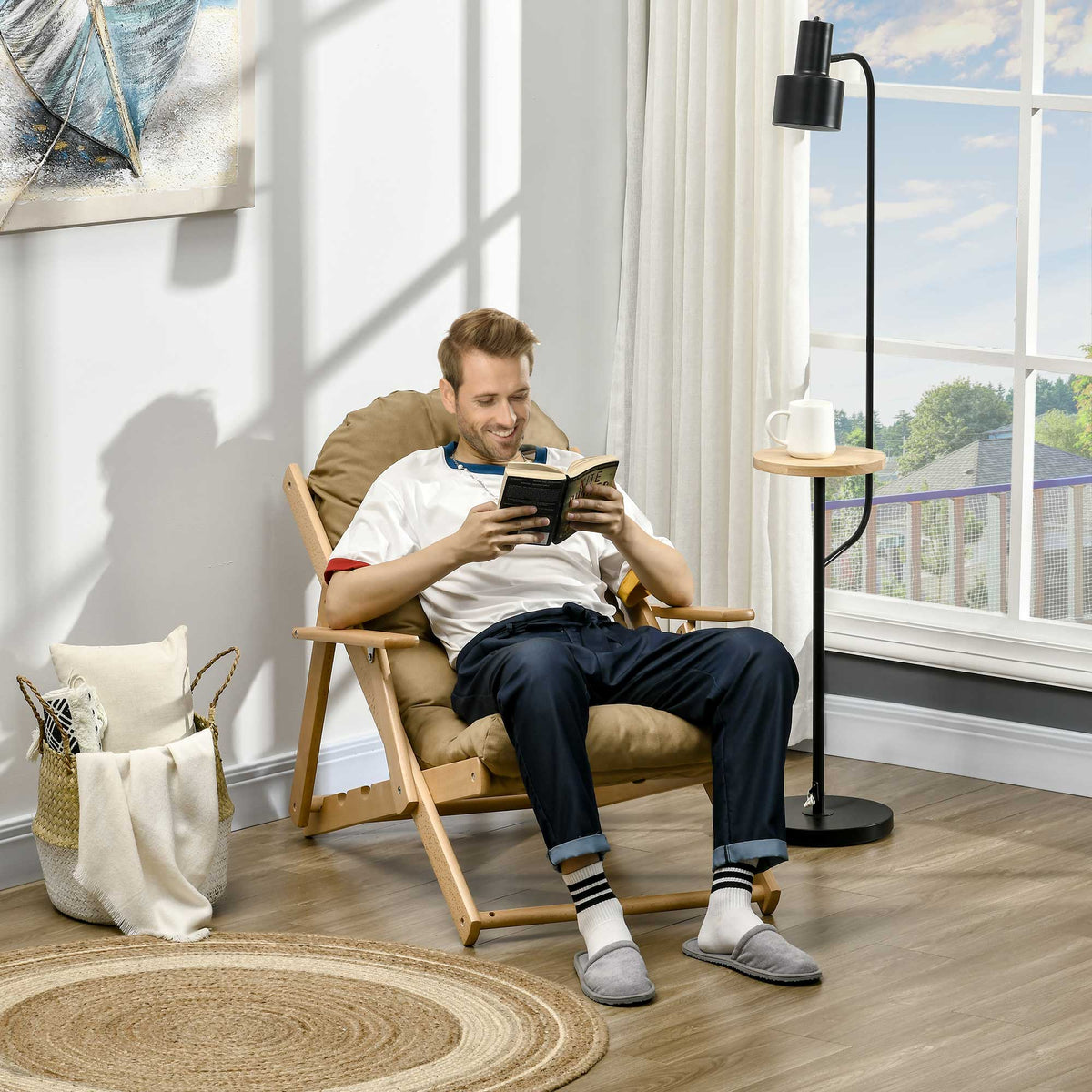 Fauteuil Chaise de Salon Pliable et inclinable en Bois Fauteuil Relax Confortable avec Coussin capitonné épais - 71 x 89 x 96 cm marron clair