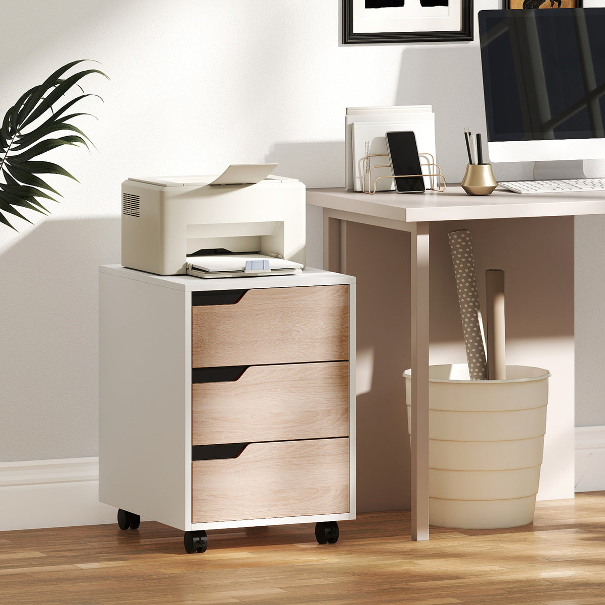Caisson bureau mobile, meuble rangement bureau sur roulettes, 3 tiroirs, 40x50x57,5cm, blanc et chêne