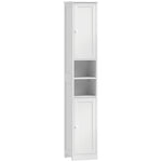 Mueble de baño alto, mueble de almacenamiento con 2 puertas, 2 compartimentos abiertos, estante ajustable, blanco