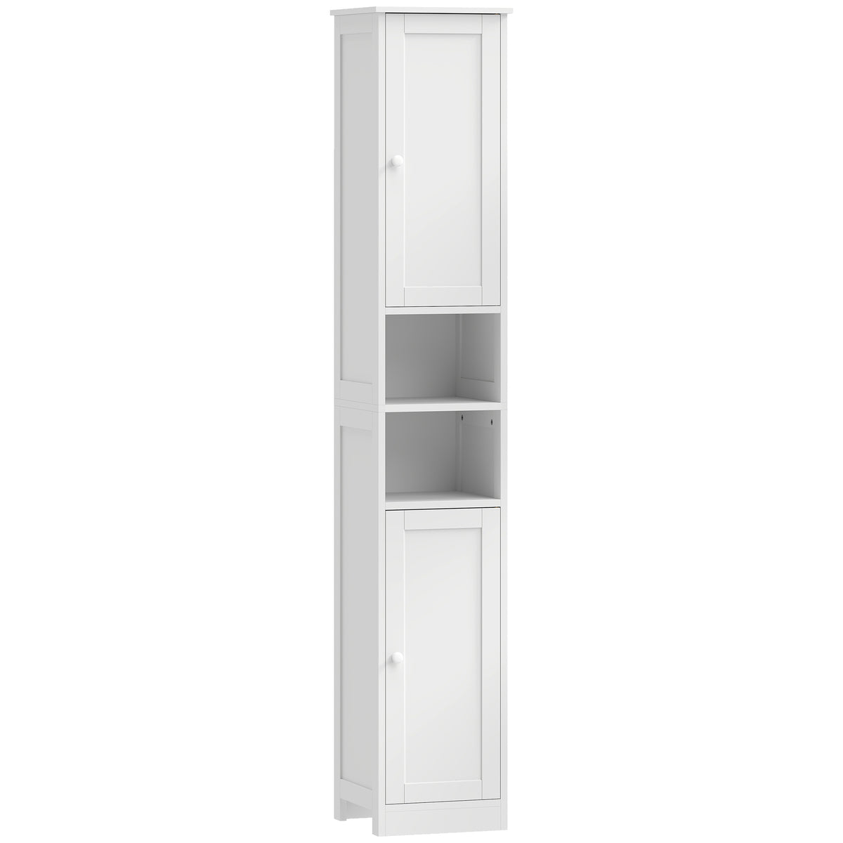Mueble de baño alto, mueble de almacenamiento con 2 puertas, 2 compartimentos abiertos, estante ajustable, blanco