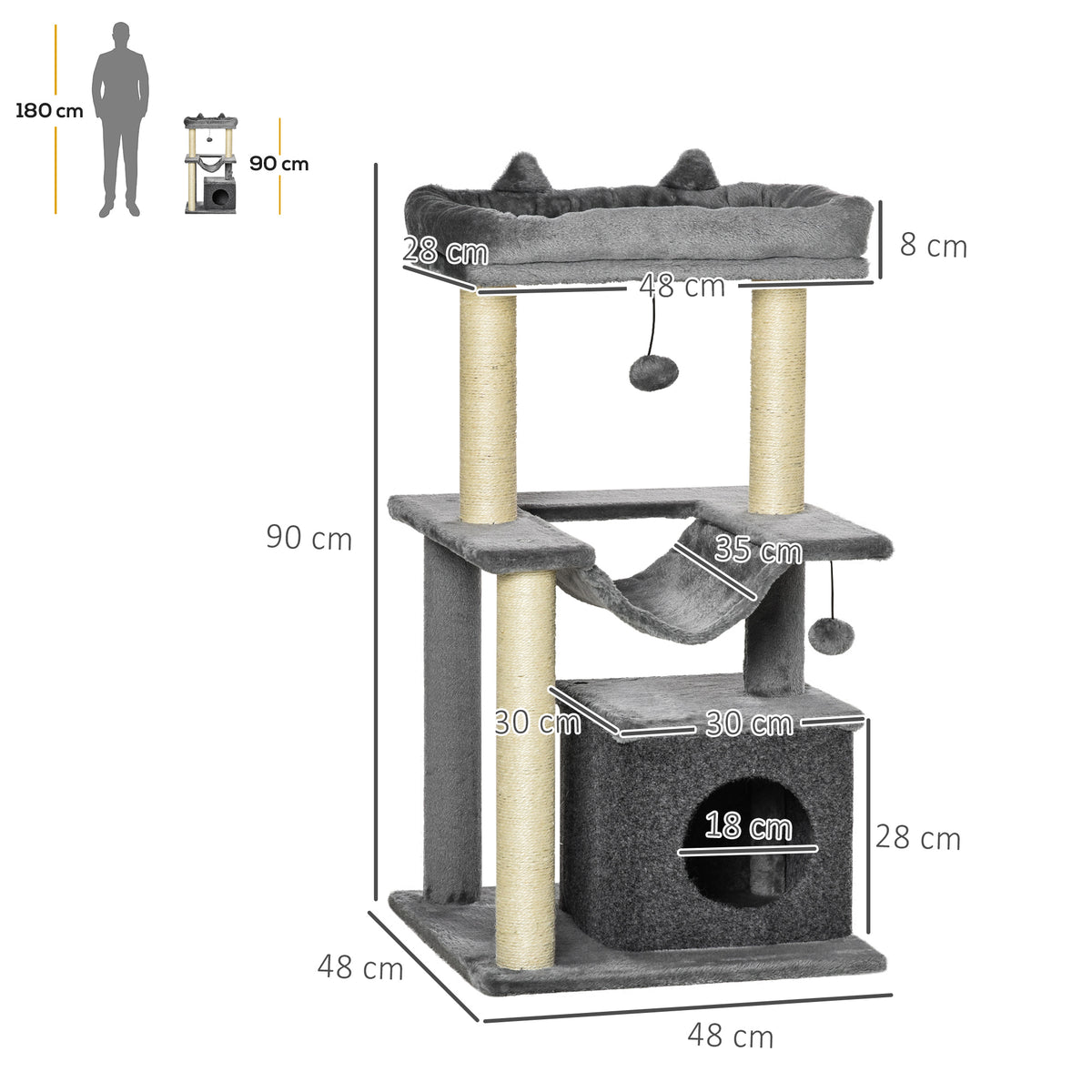 Arbre à chat avec griffoir, en tissu peluche, tour de jeux pour chat, lit, niche, hamac, plateforme 48 x 48 x 90 cm gris