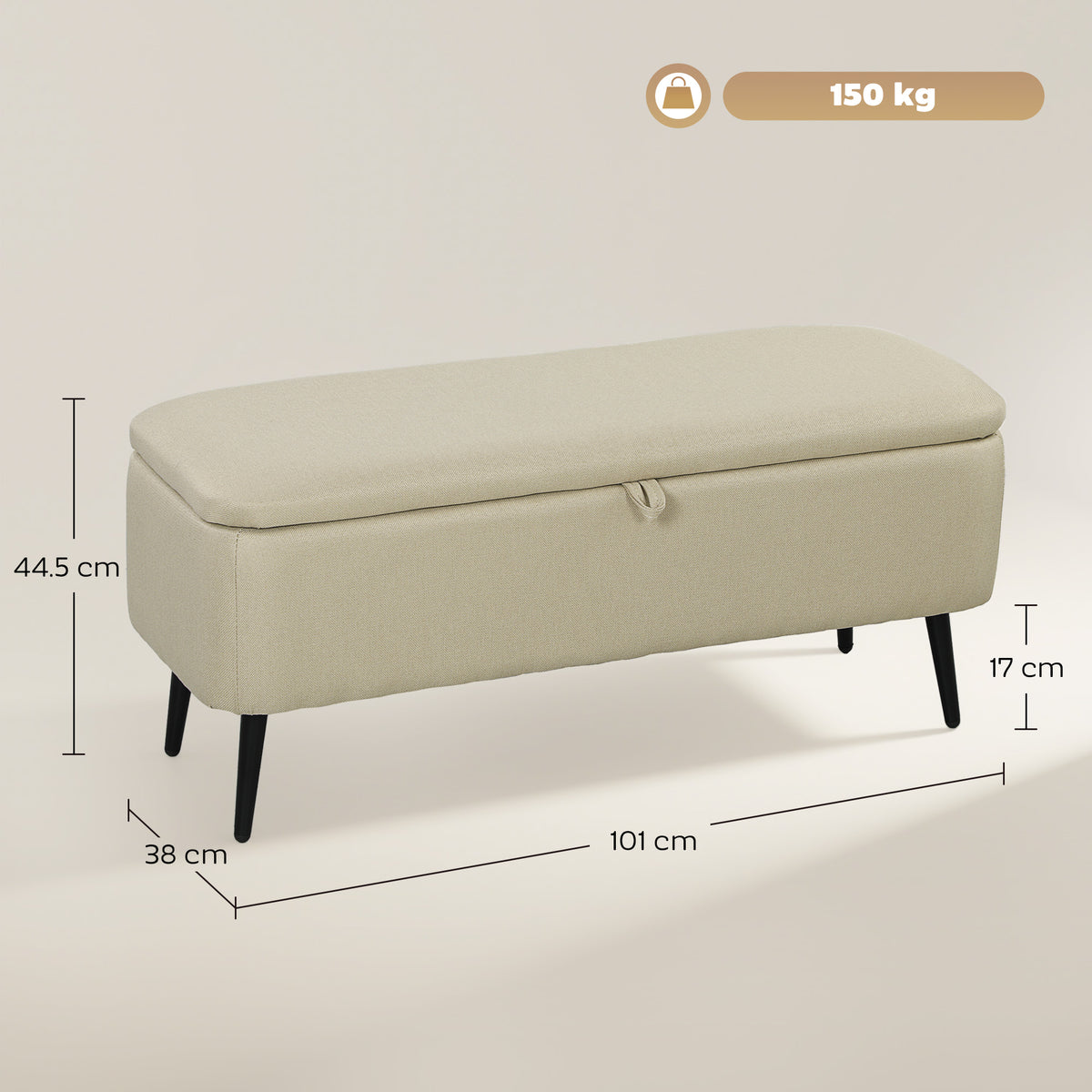 2-in-1-Sitzbank mit Stauraum aus Stoff und schwarzen Stahlbeinen, 102 x 40 x 39,5 cm, beige