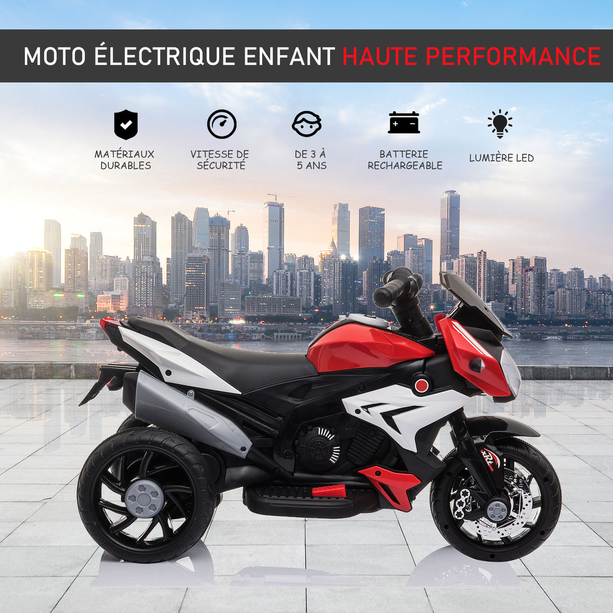 Elektrisches 3-Rad-Motorrad für Kinder 6 V, Elektroauto für Kinder mit Licht- und Soundeffekten, Geschwindigkeit 3 km/h, für 3 bis 5 Jahre, Tragkraft 25 kg, schwarz und rot