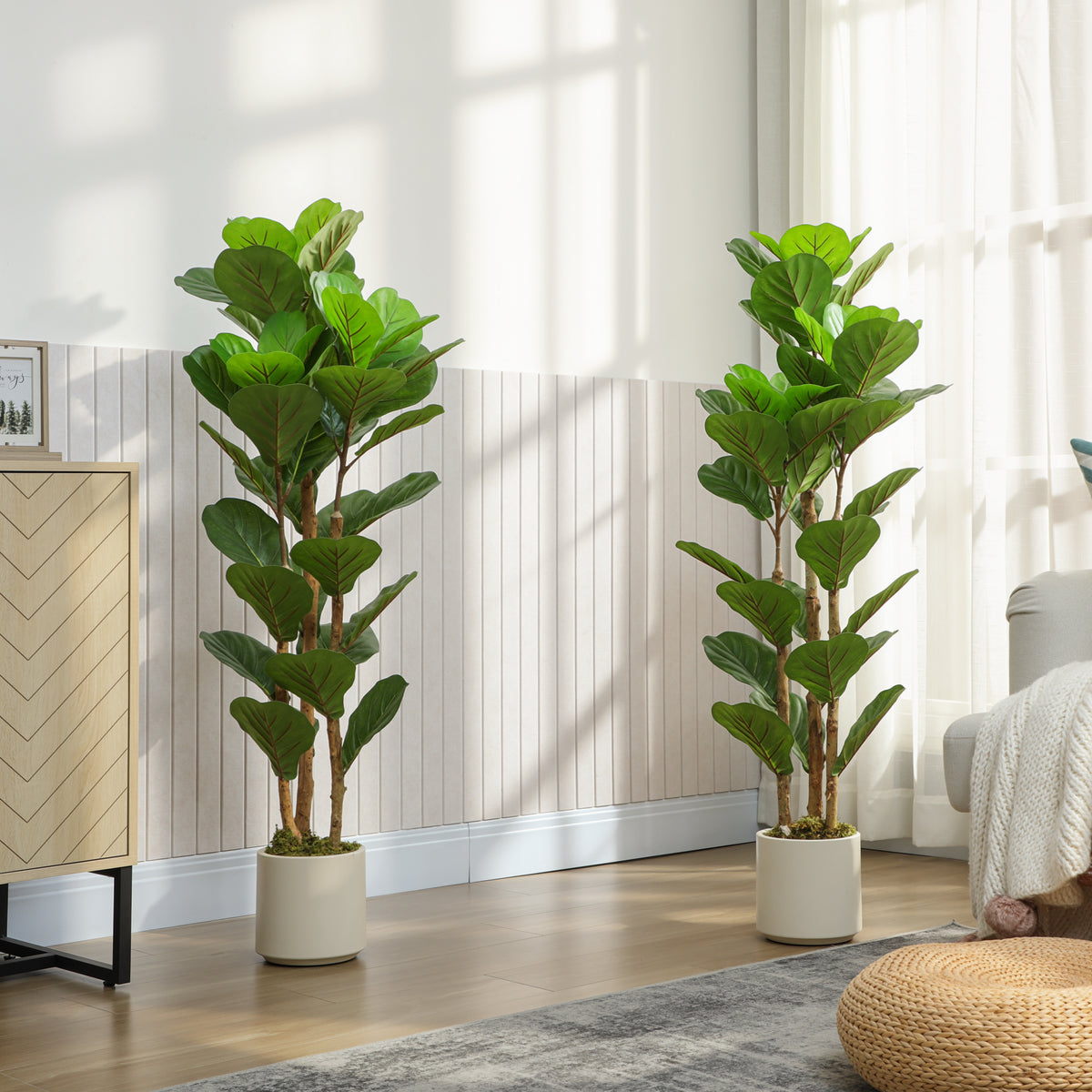 Lot de 2 plantes artificielles 120 cm Figuier lyre arbre artificiel avec pot en plastique et tronc en bois massif, vert