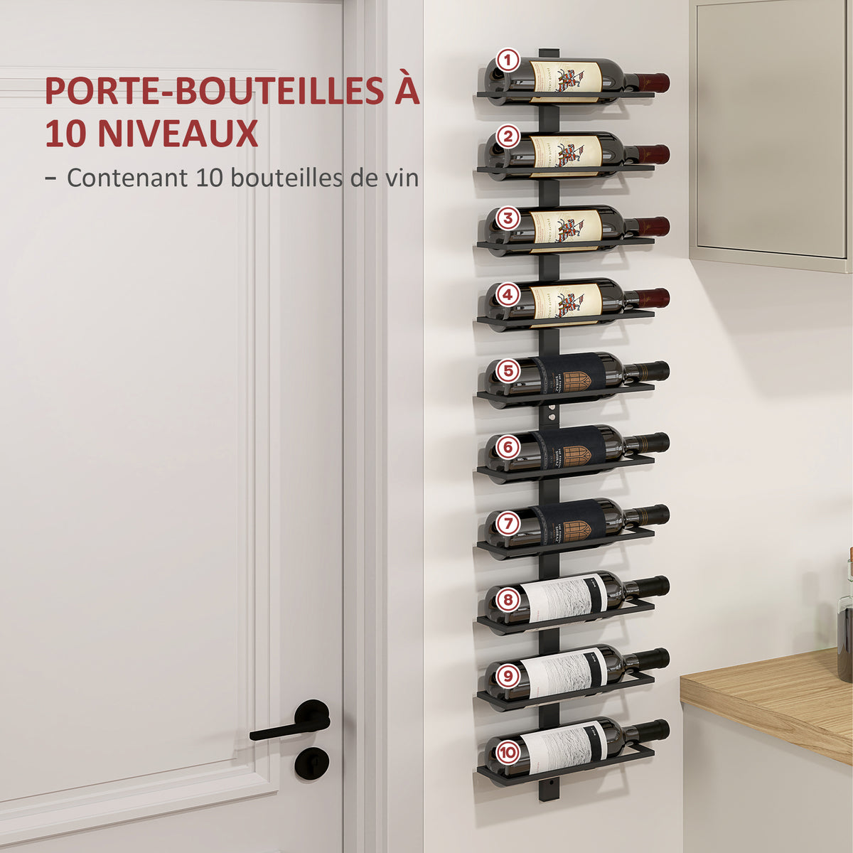 Porte bouteille mural en acier pour 10 bouteilles, pour cuisine, bar, salle à manger, cave, noir