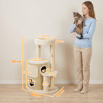 Arbre à Chat Multi-Niveaux avec Tonneau, Double Niche, Lit, Plateforme, Poteaux à Griffer en Sisal, 55x39x90cm, Beige