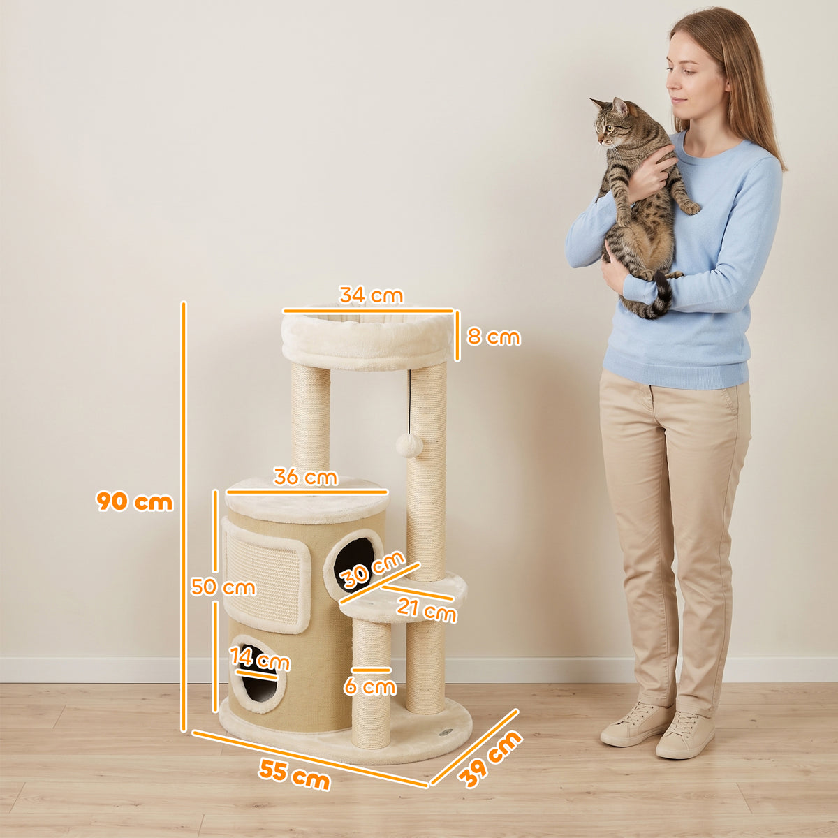 Arbre à Chat Multi-Niveaux avec Tonneau, Double Niche, Lit, Plateforme, Poteaux à Griffer en Sisal, 55x39x90cm, Beige