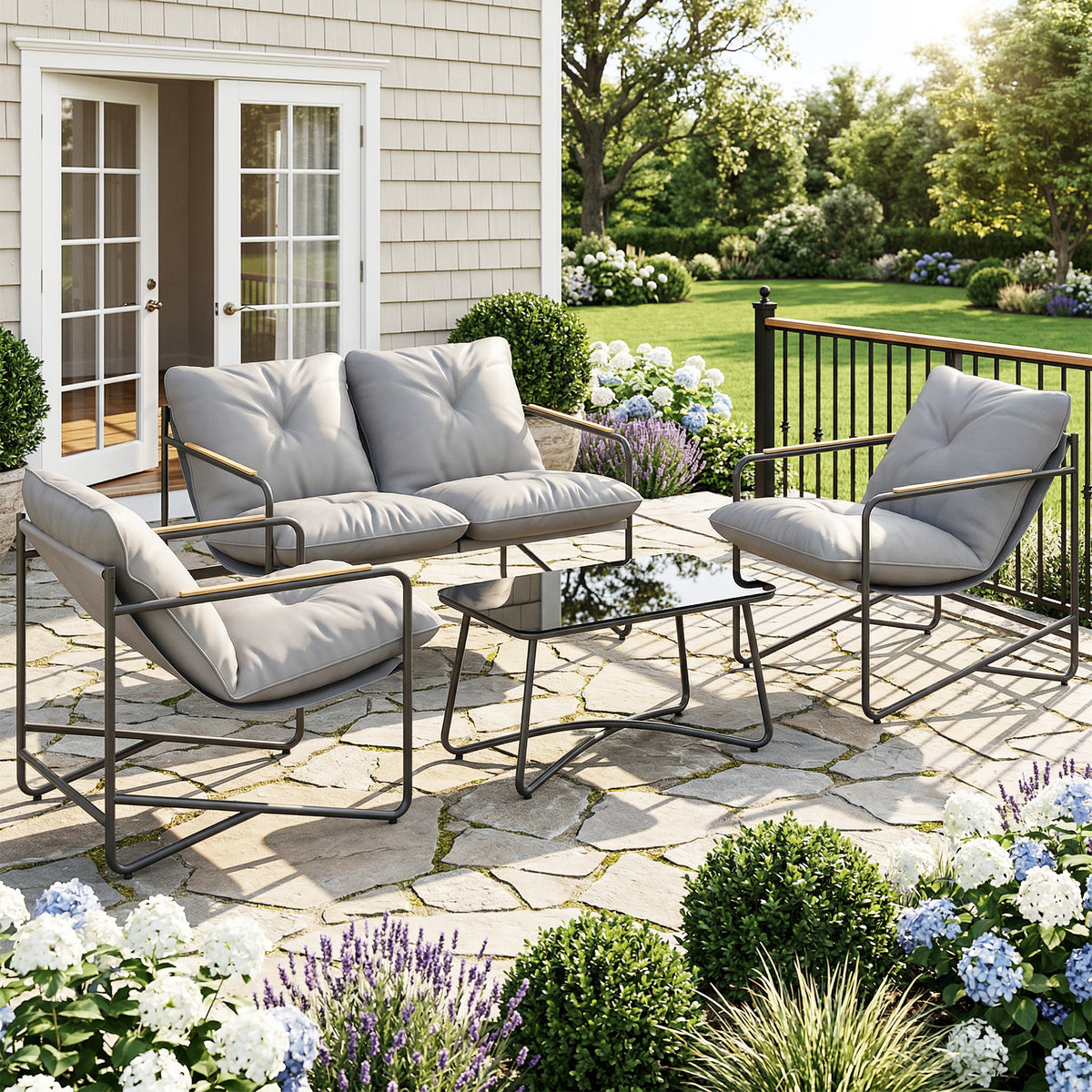 Set da giardino 4 pezzi con divano a 2 posti, 2 poltrone e tavolino in vetro temperato, cuscini da 13 cm, grigio chiaro