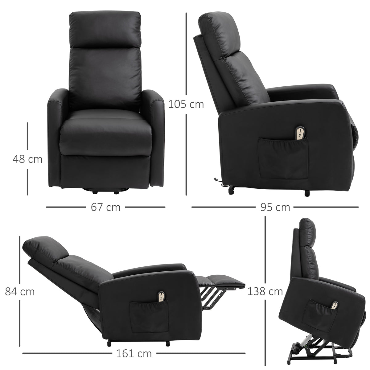 Sillón relax eléctrico reclinable con reposapiés ajustable y mando a distancia, tapizado sintético negro