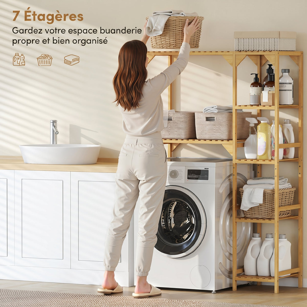 Étagère au-dessus de Machine à Laver en Bambou, Meuble de Salle de Bain Moderne avec Étagères Réversibles, Bois Naturel