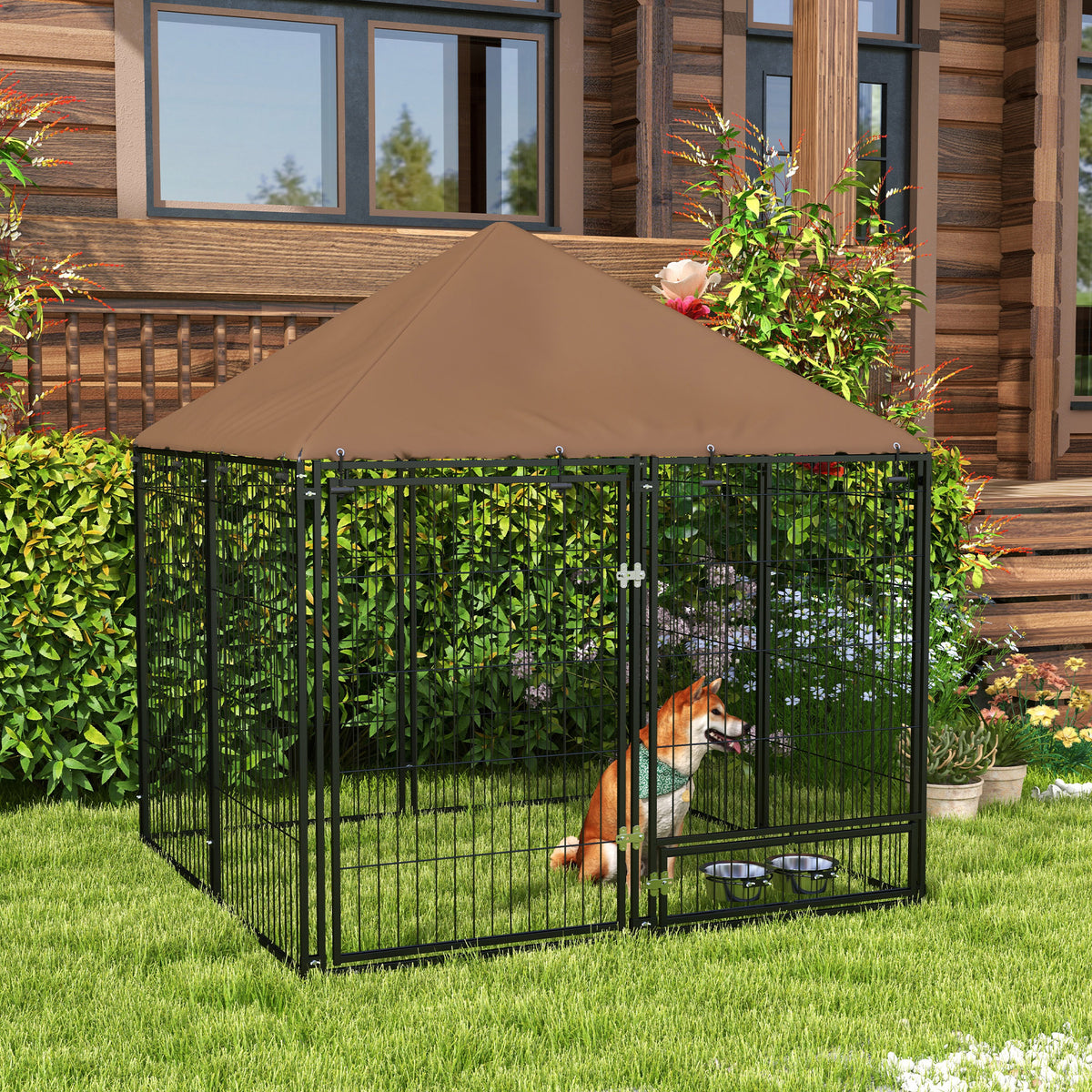 Chenil extérieur pour Chiens en métal et Tissu Oxford Support gamelle et Toit résistant aux intempéries Espace spacieux