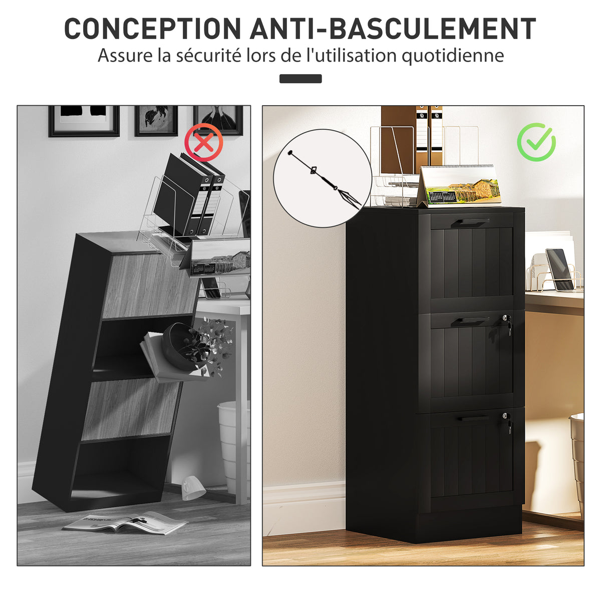 Cajonera de oficina, mueble de almacenamiento de madera con 3 cajones y cerradura, barras de suspensión ajustables, 40 x 40 x 101 cm, negro