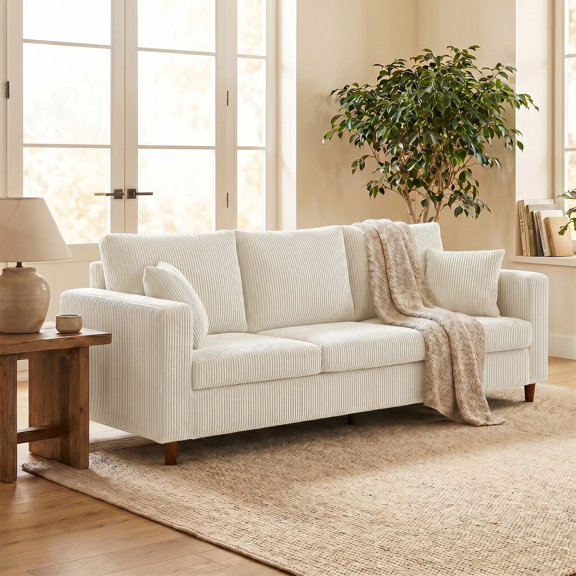 Canapé 3 Places en Velours Côtelé, Canapé de Salon Moderne 225 cm, Assise Large, Coussin à Ressorts, Crème