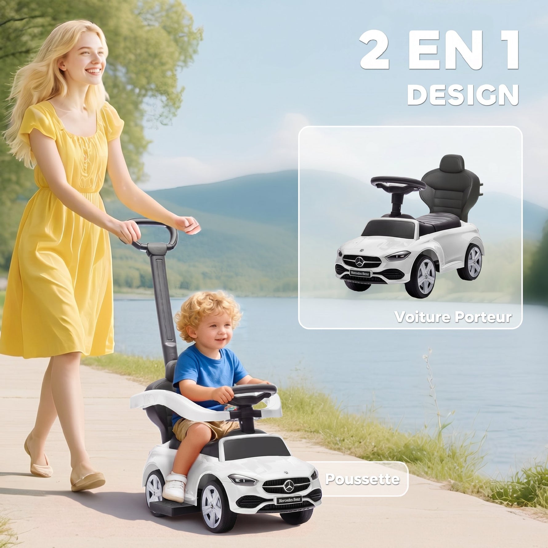 Porteur Enfants Mercedes-Benz sous Licence, Porteur Voiture à Pousser avec Poignée Amovible, 91 x 40 x 83 cm, Blanc