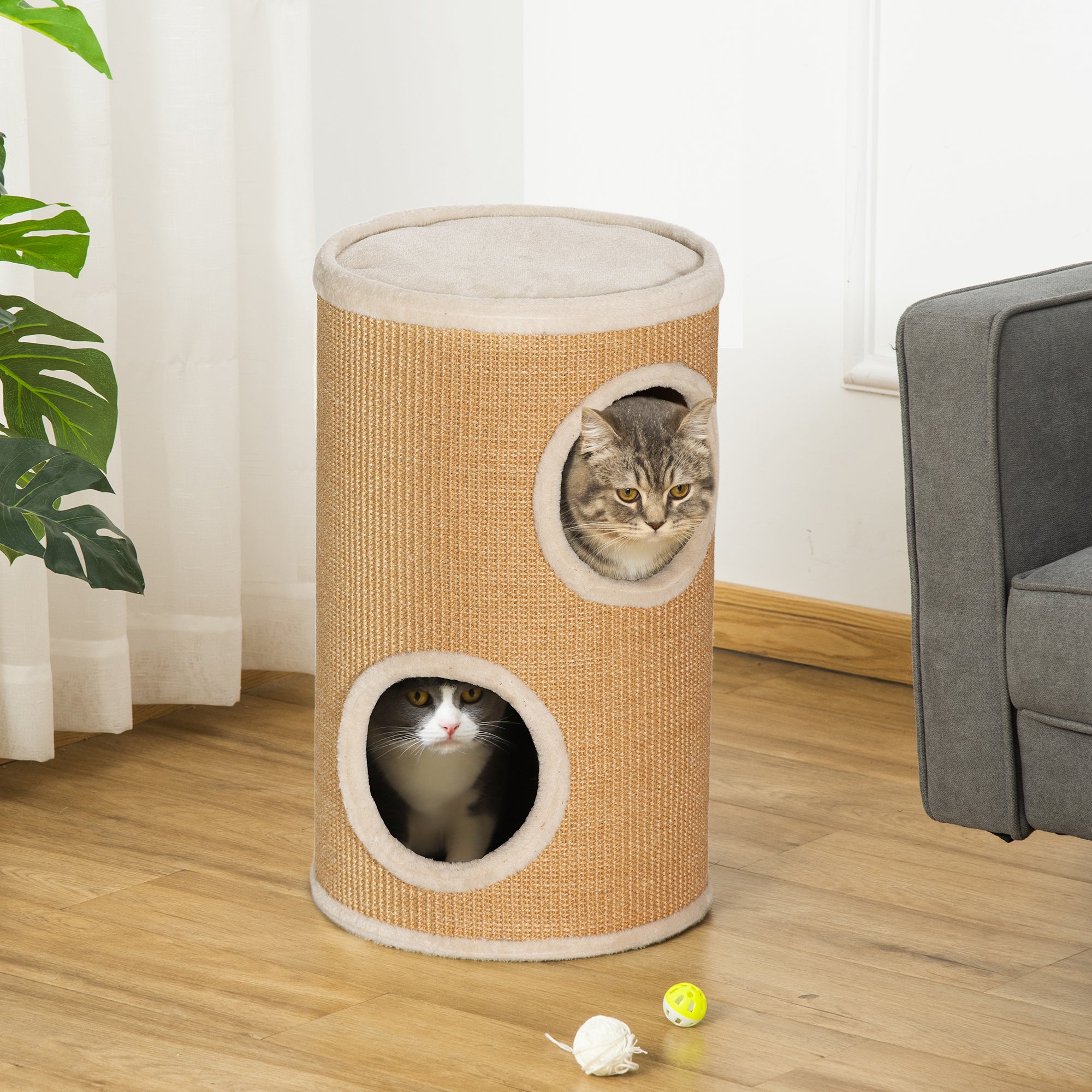 Cat scratching barrel, scratching tower, 2-tier cat tree with natural sisal for 1-2 cats, Ø 35 x 60H cm