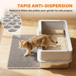 Bac Litière pour Chat en INOX Couvercle Bords Hauts Pelle et Tapis Anti-Adhérent Anti-Odeurs 60x40x30cm Gris Clair