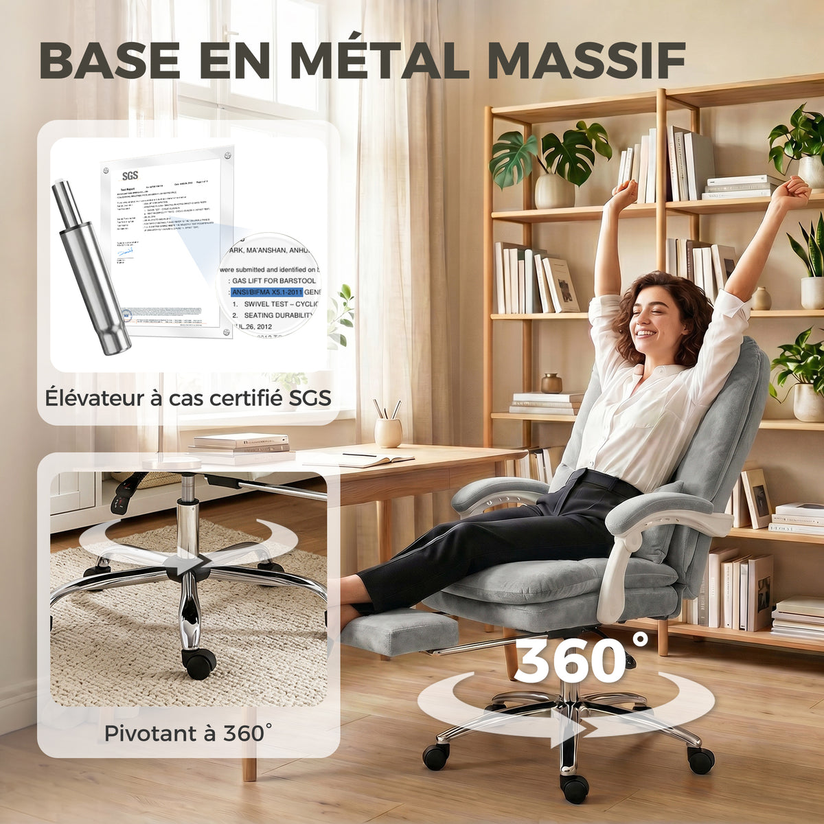 Chaise bureau ergonomique, fauteuil de bureau inclinable en velours avec support lombaire, hauteur réglable, gris clair