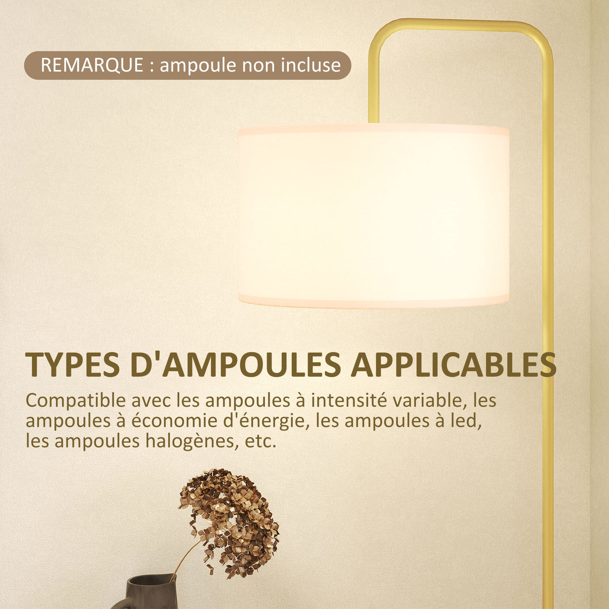 Lampadaire sur pied salon style moderne avec abat-jour aspect lin et interrupteur à pied 163,5 cm doré et blanc