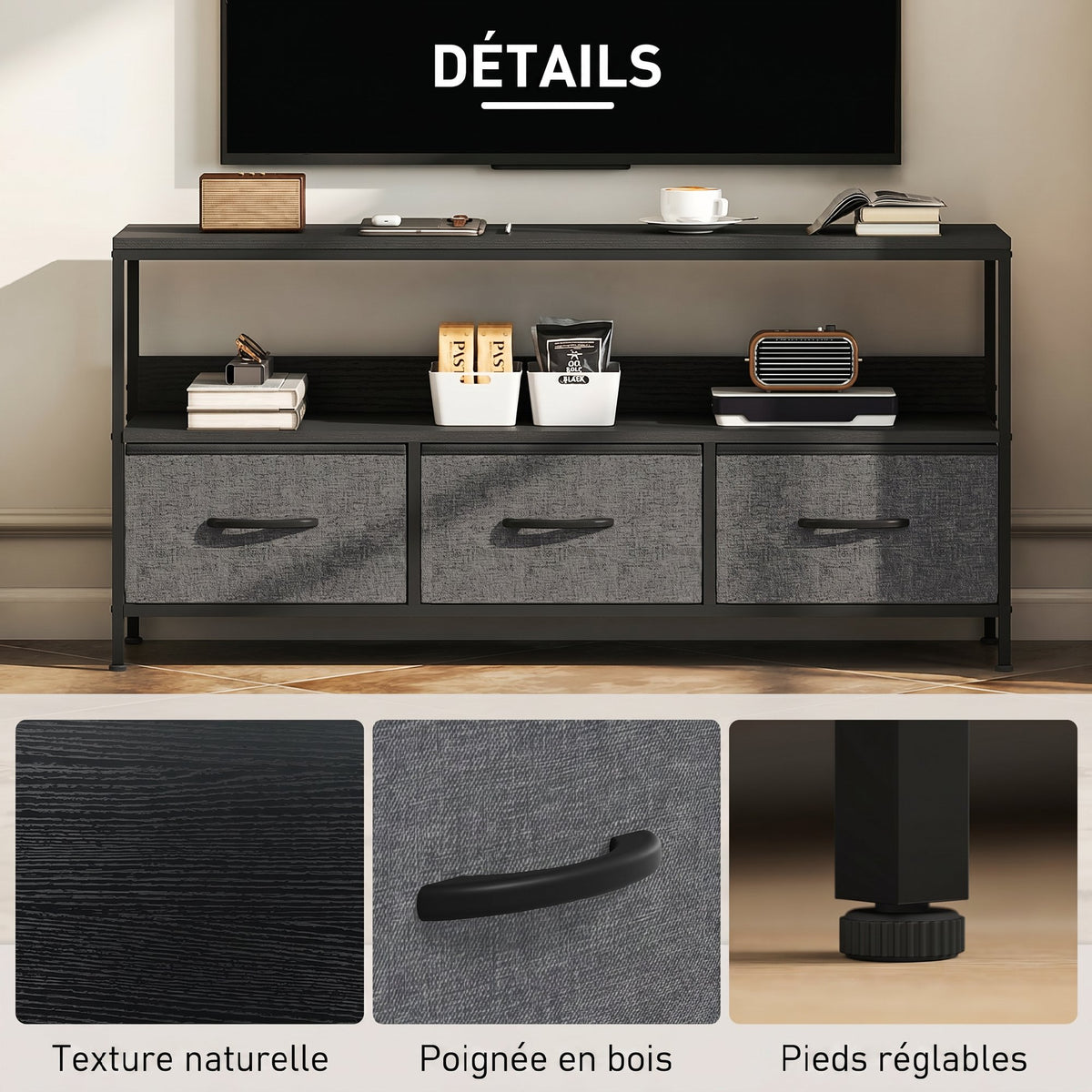 Meuble TV, meuble télé pour téléviseur jusqu'à 55 pouces avec 3 tiroirs et pieds en acier 120 x 29 x 56 cm noir