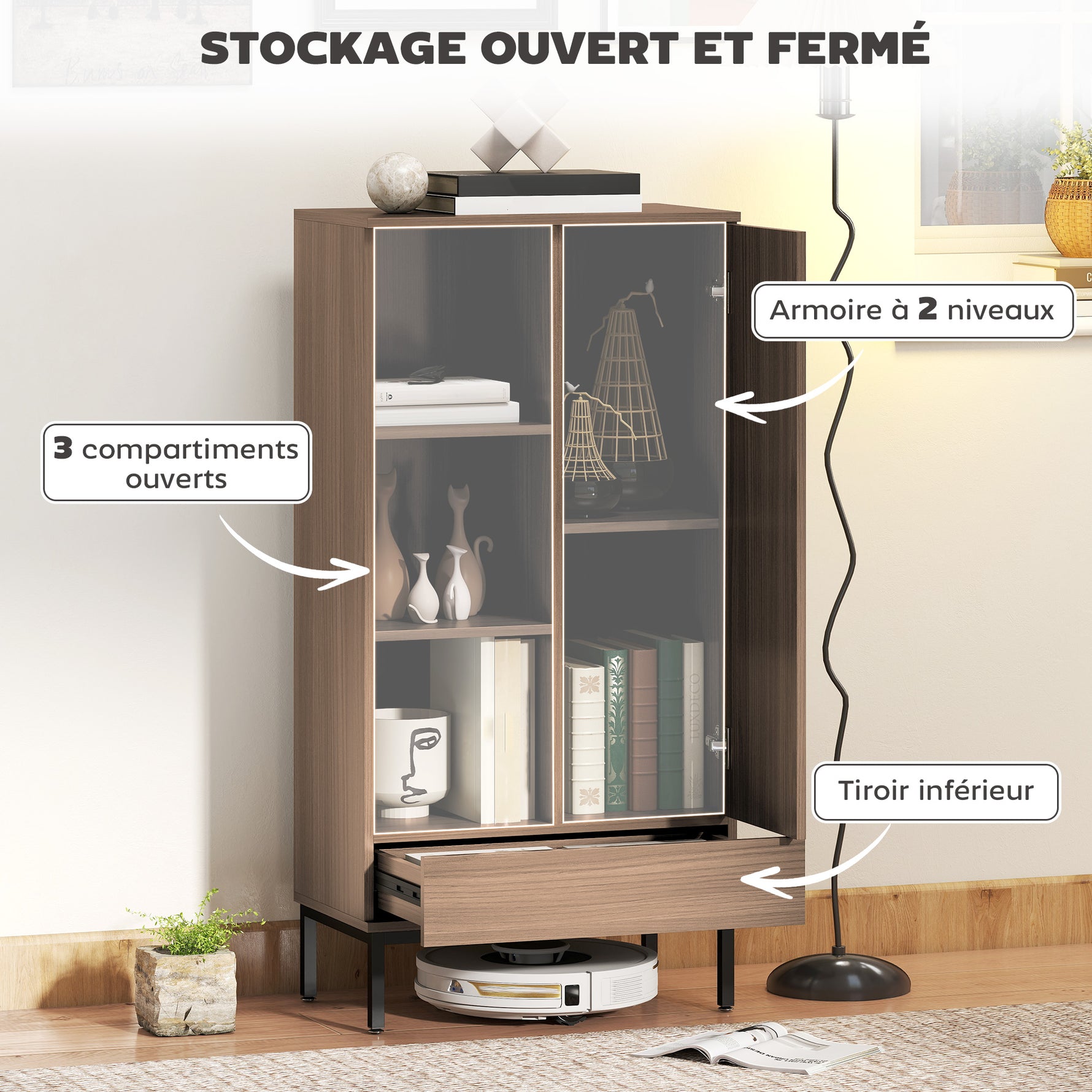 Buffet meuble de rangement avec placard à portes, tiroir, 3 compartiments ouverts et étagères réglables, gris
