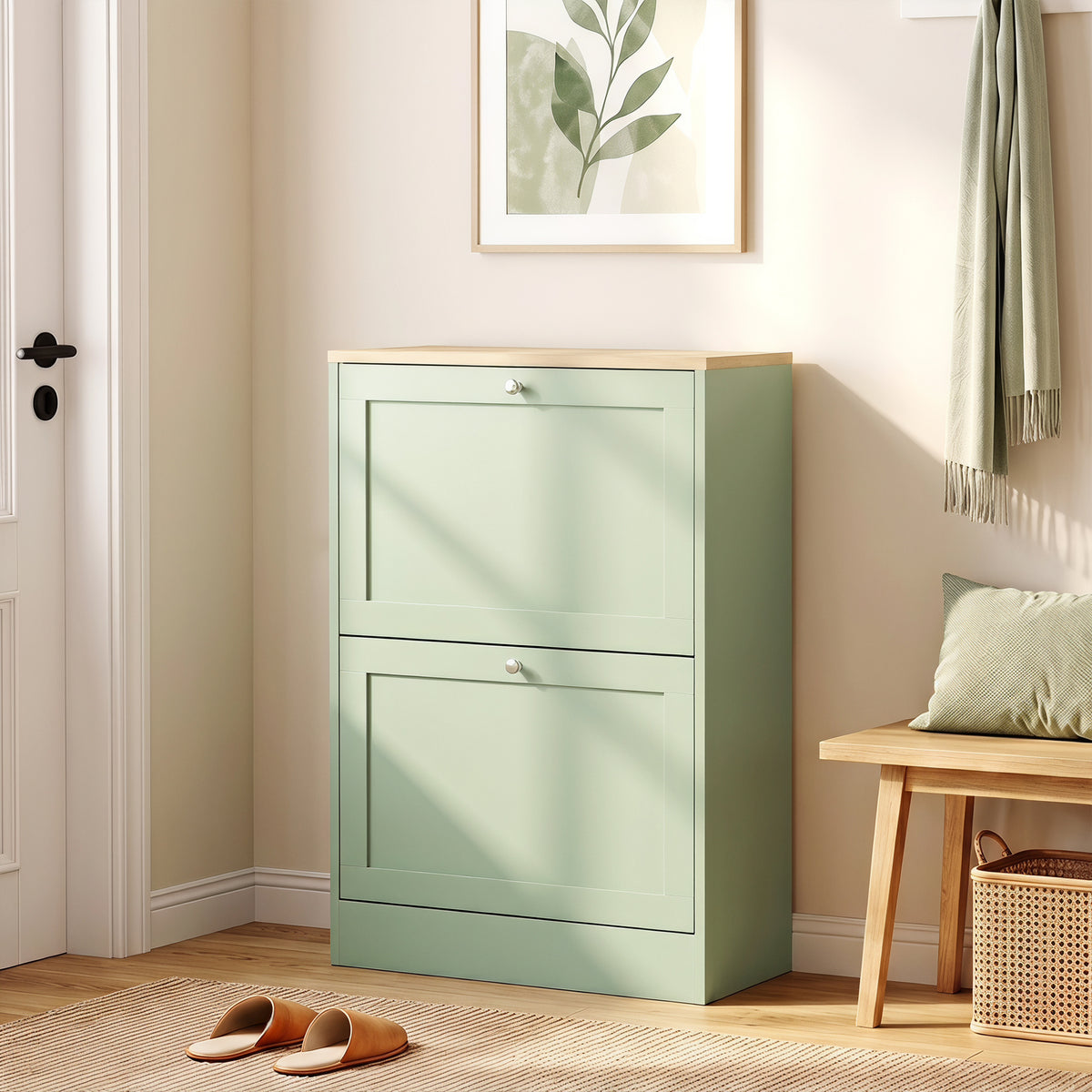 Meuble à Chaussures 12 Paires, Armoire à Chaussures Étroite avec 2 Tiroirs, Étagères Réglables, 60 x 23,5 x 80 cm, Vert