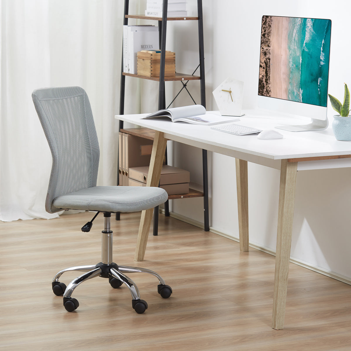 Chaise de Bureau Ergonomique, Fauteuil de Bureau, Hauteur Réglable, Piètement Chromé, Pivotant 360°, Revêtement Maille, Gris
