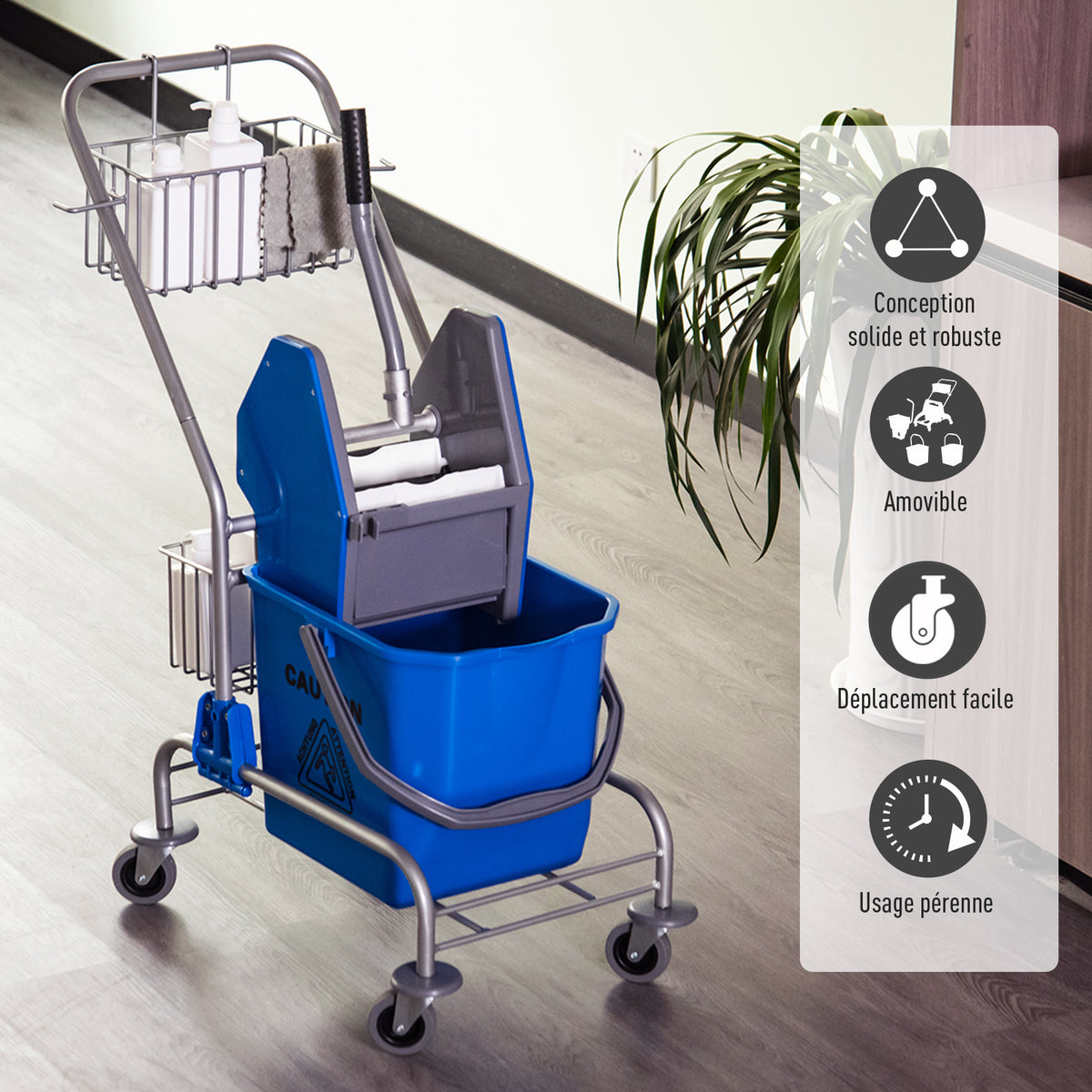 Carrello per pulizie carrello lavaggio carrello di pulizia professionale pressa a ganascia secchio 26 L + cestello portaoggetti dim. 73L x 45P x 95A cm blu