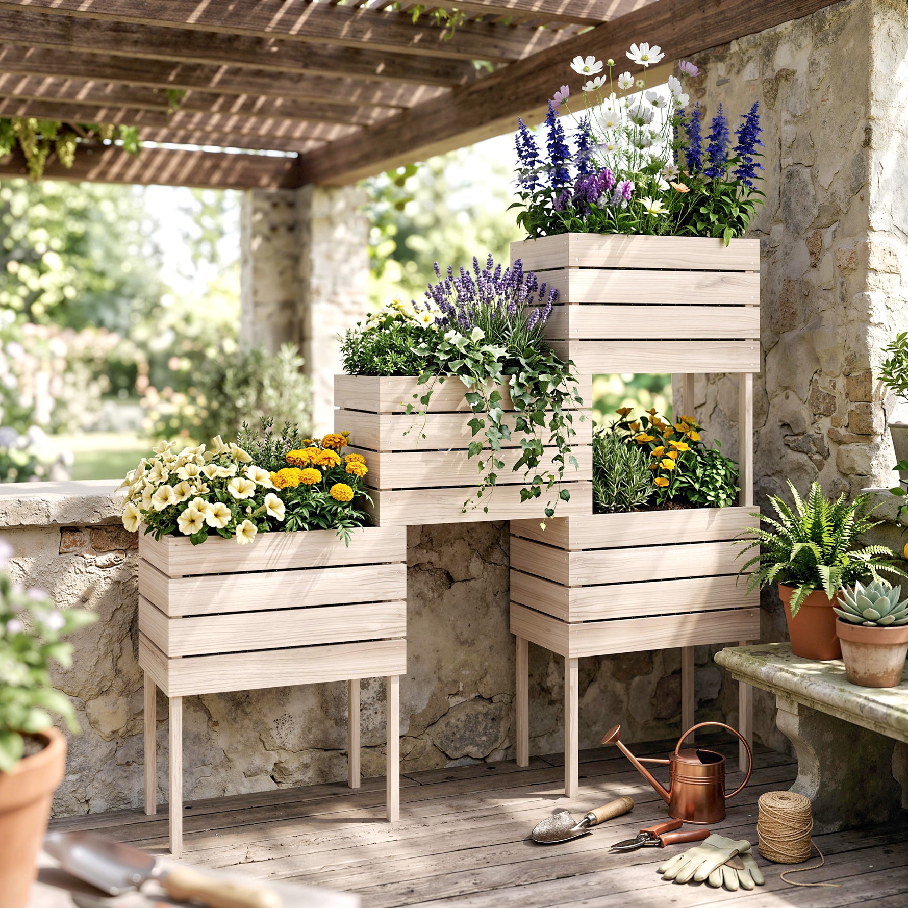 Jardinières sur Pieds carrés potagers - Lot de 4 jardinières sur Pied modulables - 50L x 30l x 60H cm
