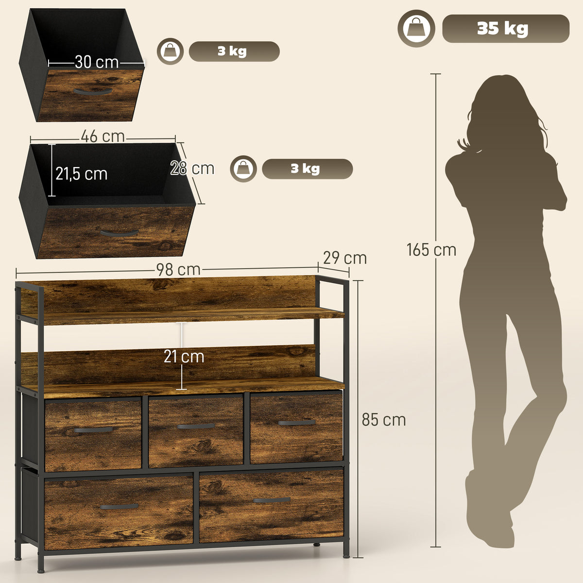 Commode, meuble de rangement, 5 tiroirs en tissu pliables et amovibles et étagères, 98 x 29 x 85 cm, brun rustique