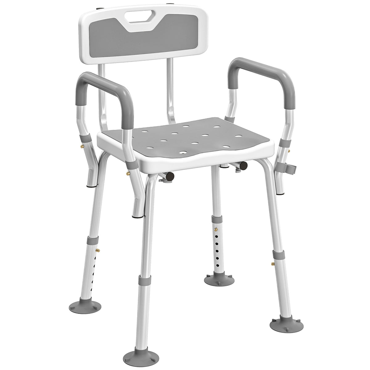Taburete de ducha, silla de ducha ergonómica, altura regulable, patas antideslizantes, 56,5 x 53,5 x 87 cm, blanco y gris