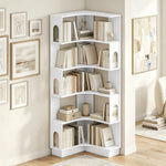 Bibliothèque d'angle, étagère de rangement à 6 niveaux avec panneaux latéraux arqués, 60 x 60 x 165,5 cm, blanc