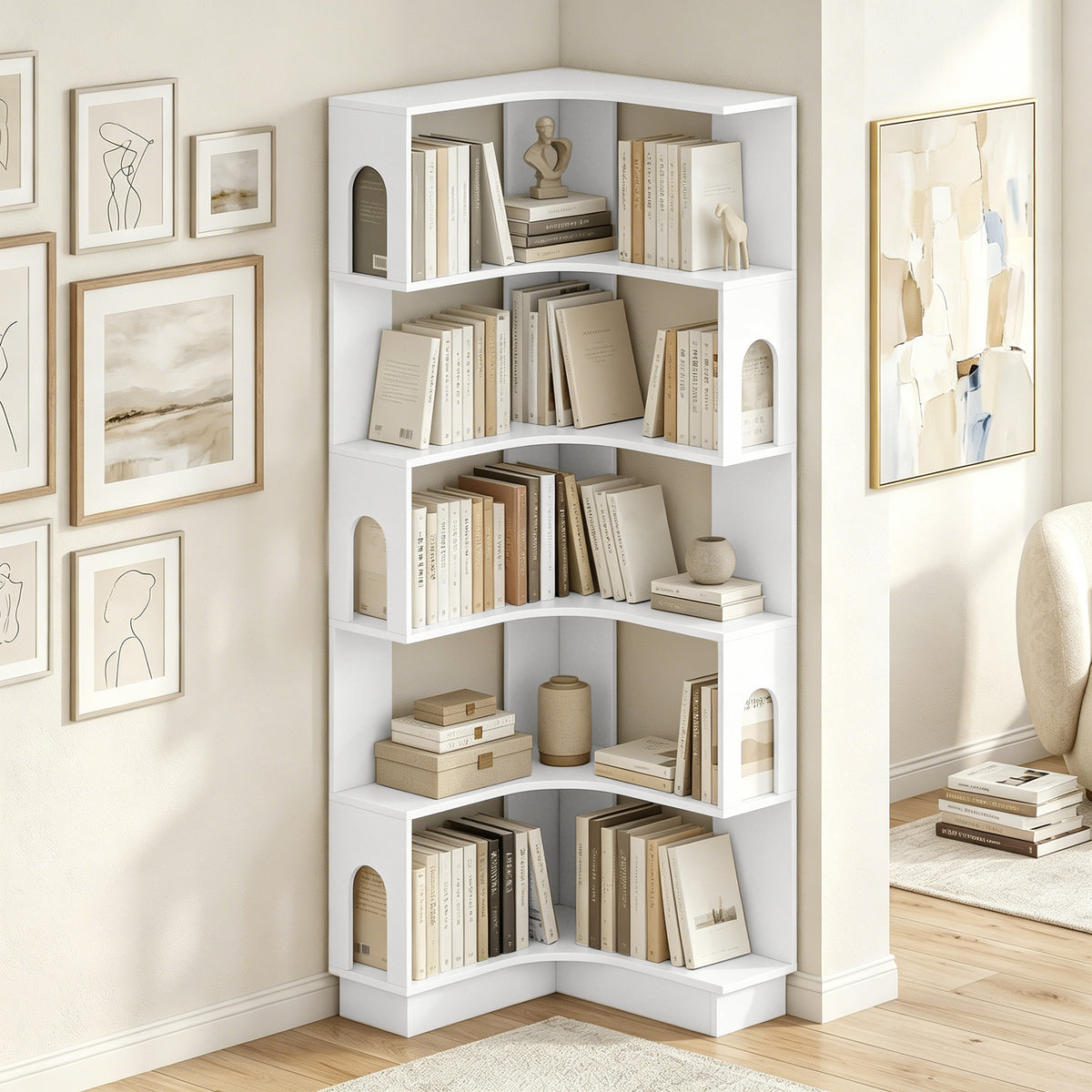Bibliothèque d'angle, étagère de rangement à 6 niveaux avec panneaux latéraux arqués, 60 x 60 x 165,5 cm, blanc