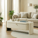 Banc Bout de Lit Banquette, 118x42x45cm, Banc de Rangement Rembourré en Tissu Bouclé, Pieds en Bois d'Eucalyptus, Crème