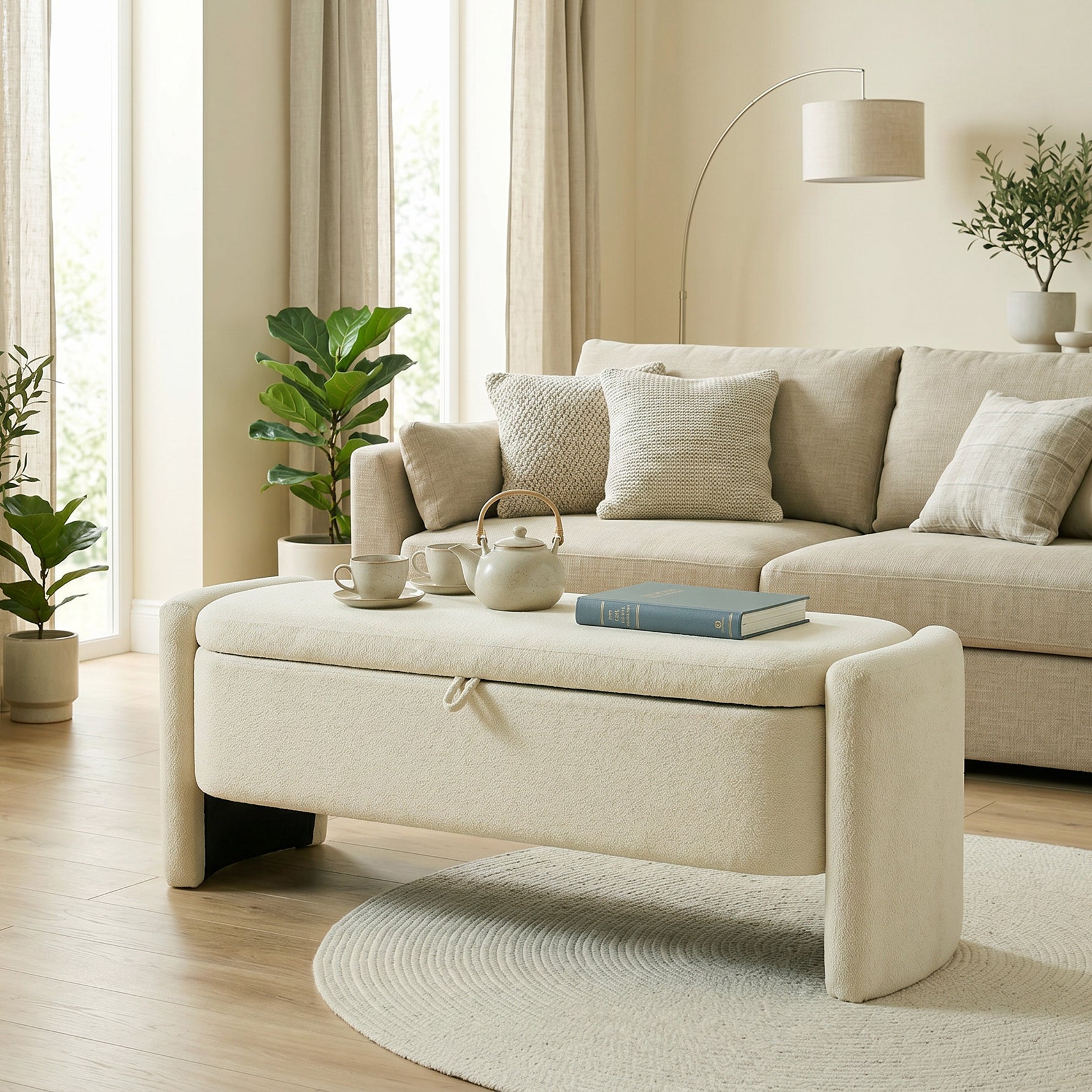 Banc Bout de Lit Banquette, 118x42x45cm, Banc de Rangement Rembourré en Tissu Bouclé, Pieds en Bois d'Eucalyptus, Crème