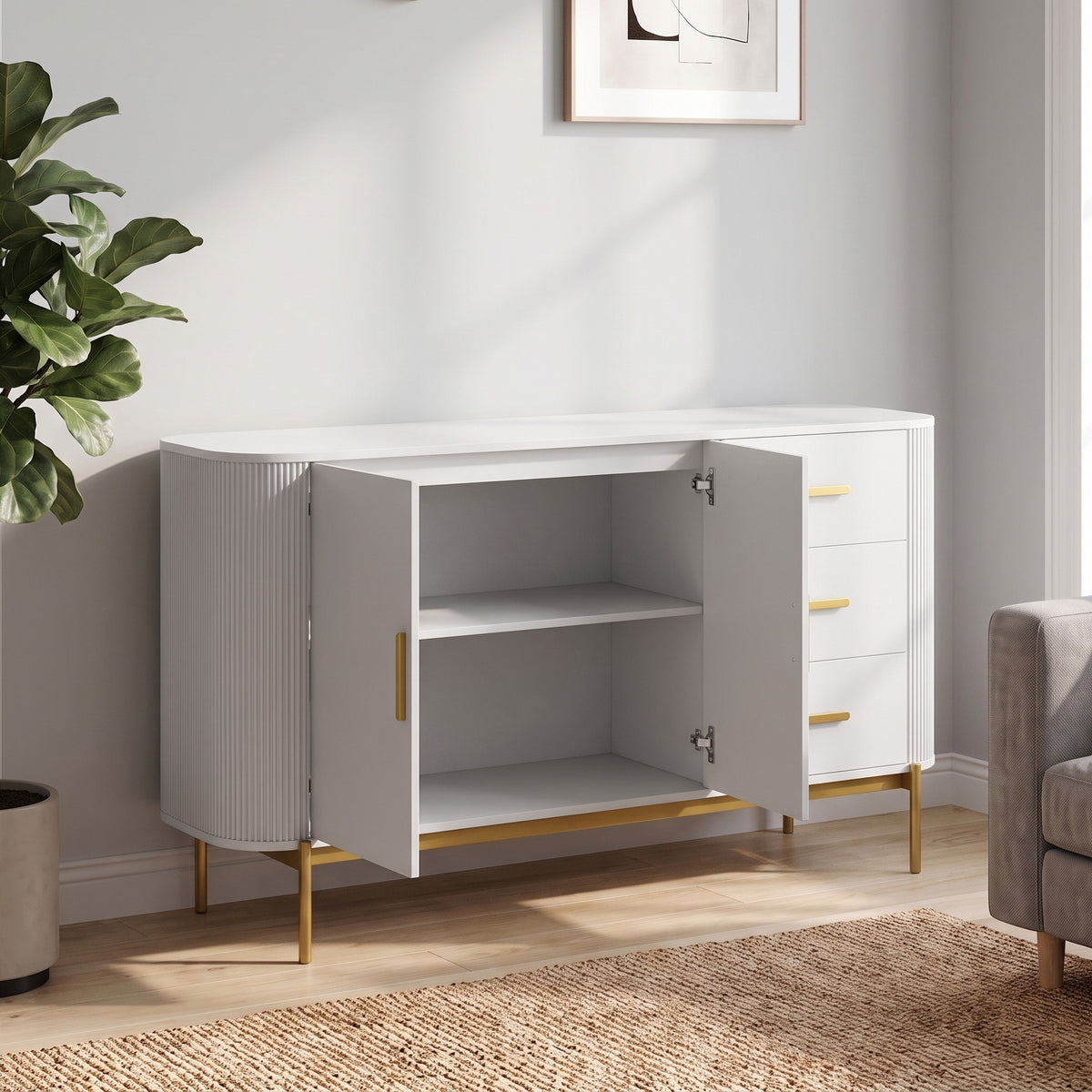 Buffet Salon, Meuble de Rangement avec 2 Portes, 3 Tiroirs, Étagère Réglable et Façade Rainurée, 140x44x79cm, Gris Clair