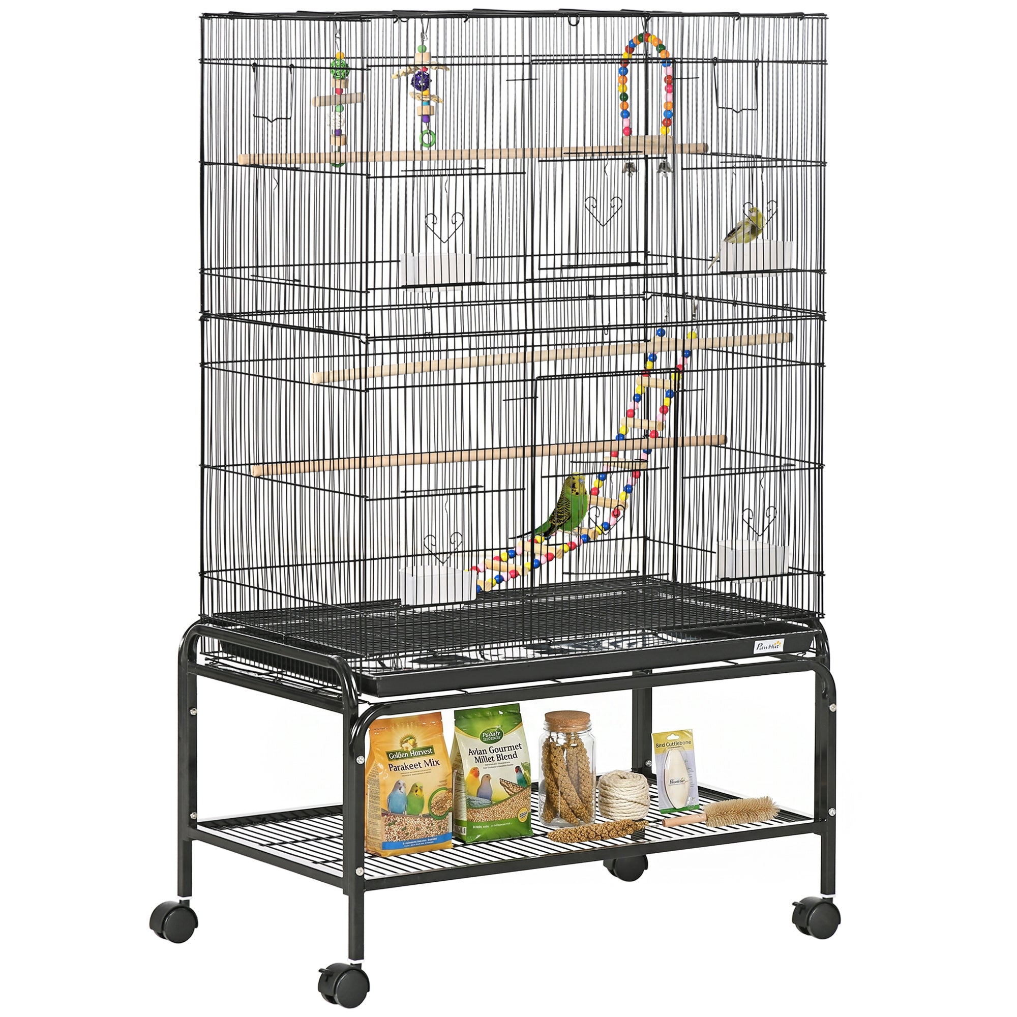 Vogelkooi op poten met wielen met 4 voerbakken en 3 zitstokken 79 x 49 x 133 cm zwart