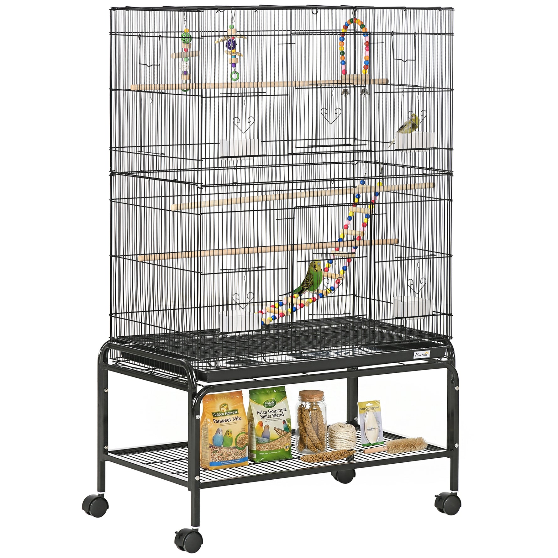 Cage à oiseaux sur pieds roulettes avec 4 mangeoires et 3 perchoirs 79 x 49 x 133 cm noir