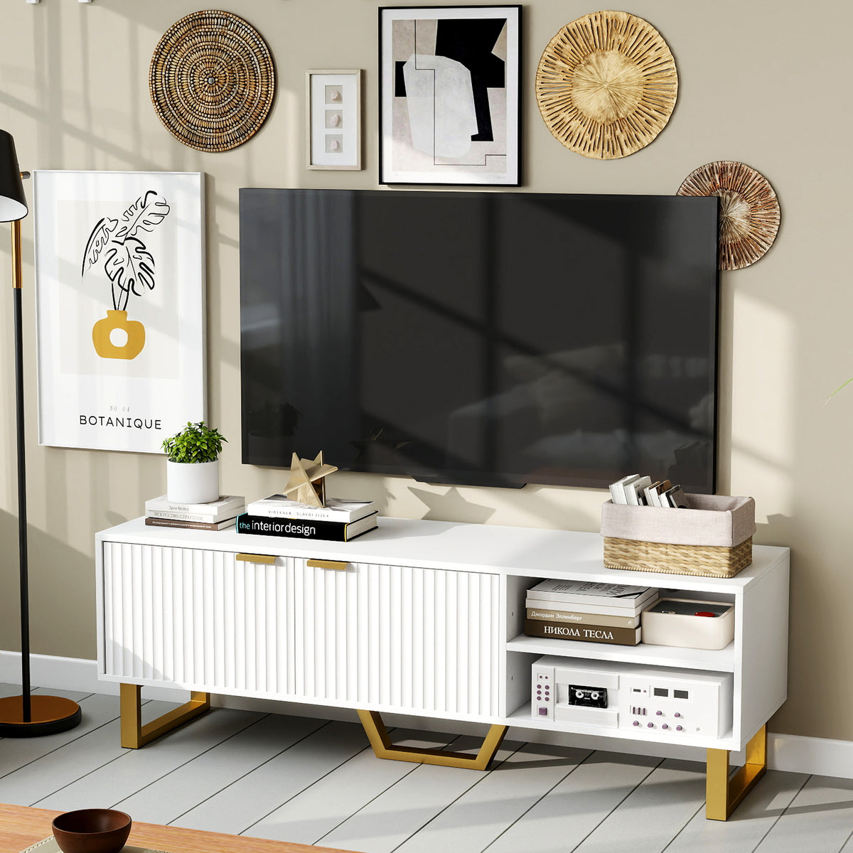 Meuble TV banc TV pour téléviseur jusqu'à 70 pouces - placard à 2 portes cannelées, compartiment ouvert et passe-câbles