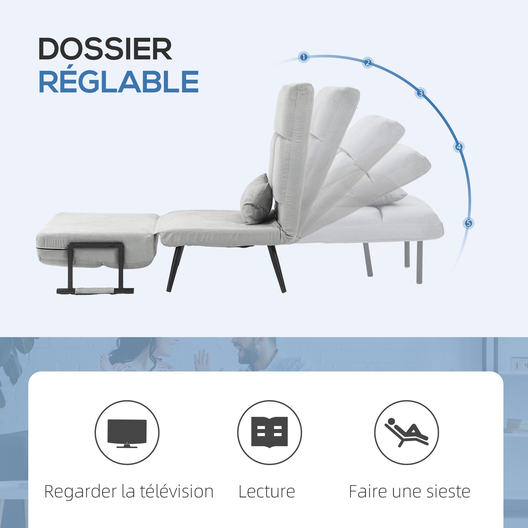 Fauteuil convertible 3 en 1 lit 1 place dossier inclinable 5 positions, accoudoirs et coussin, tissu effet velours, gris