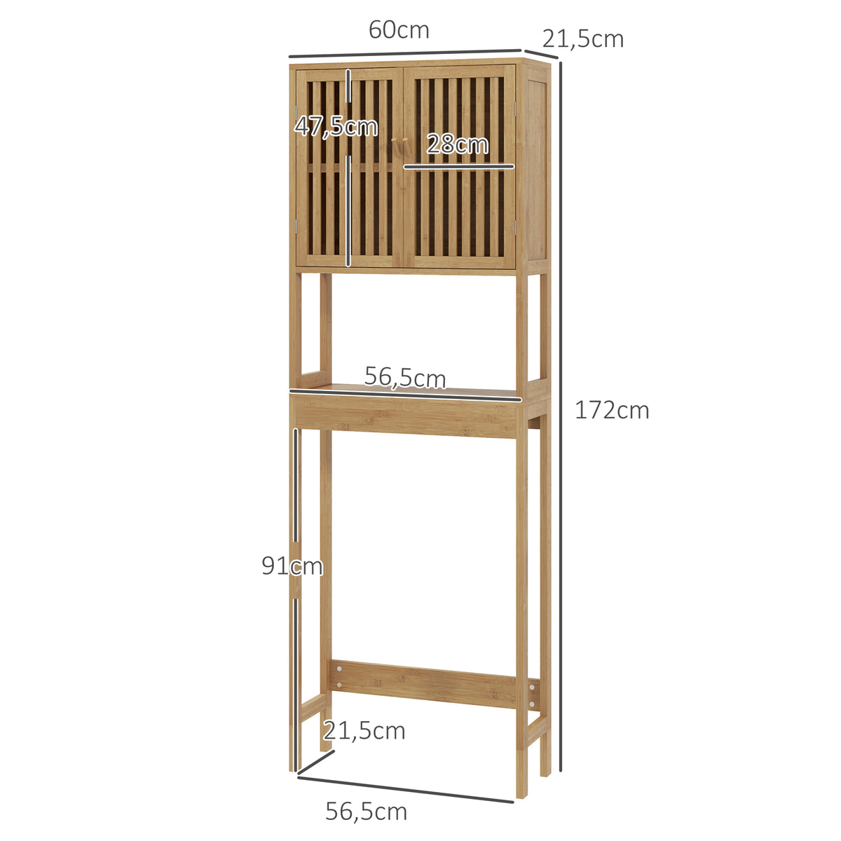 Étagère de toilettes meuble de salle de bain dessus toilette WC avec placard 2 portes et étagère ouverte bambou