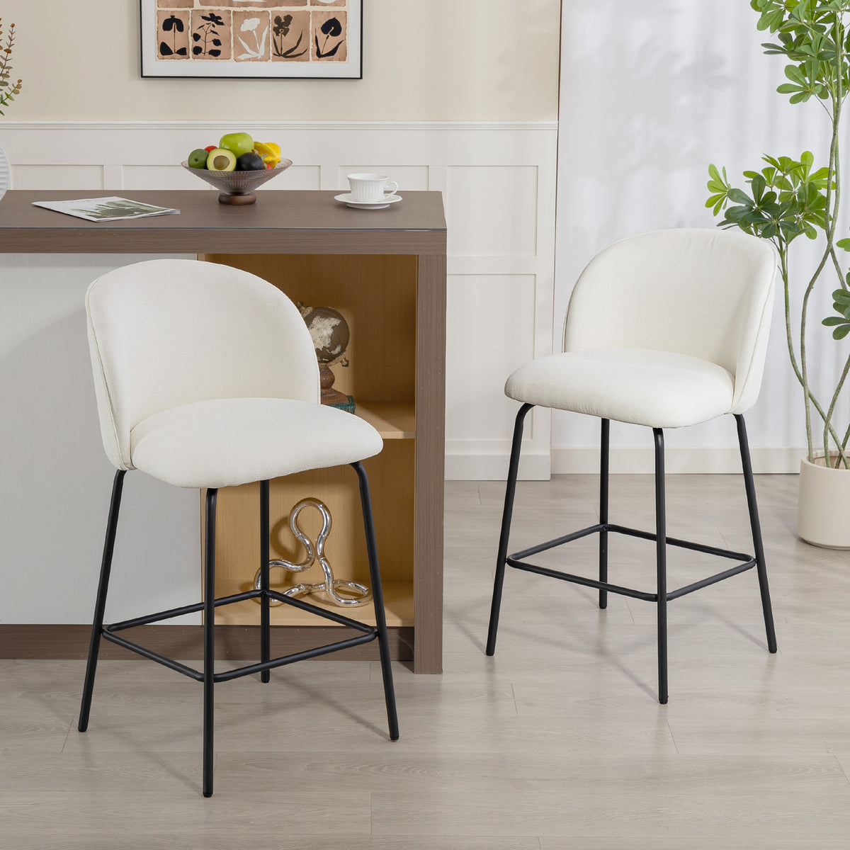 Set di 2 Sgabelli da Bar, Sedie da Bar, Poggiapiedi e Schienale, Tessuto Effetto Lino, Altezza Seduta 68cm, Crema