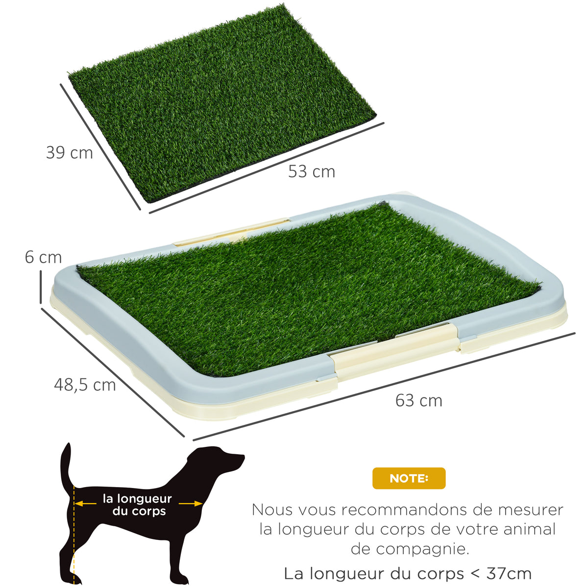 Toilette pour chien litière avec tapis en gazon artificiel plateau et panneau grillagé 63 x 48,5 cm