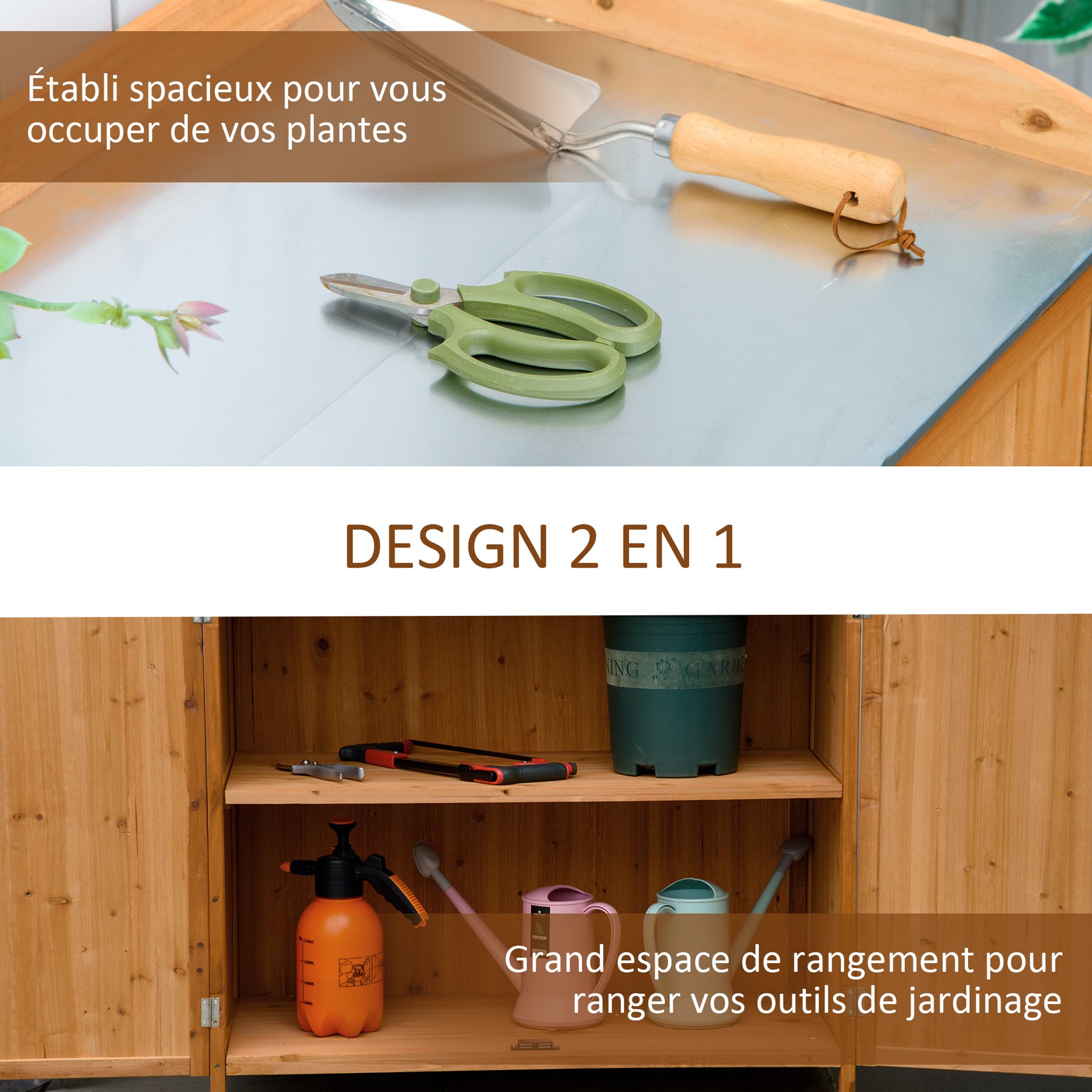 Armoire de jardin sur pied table de rempotage 2 en 1 - table de jardinage double porte, étagère, plateau tôle