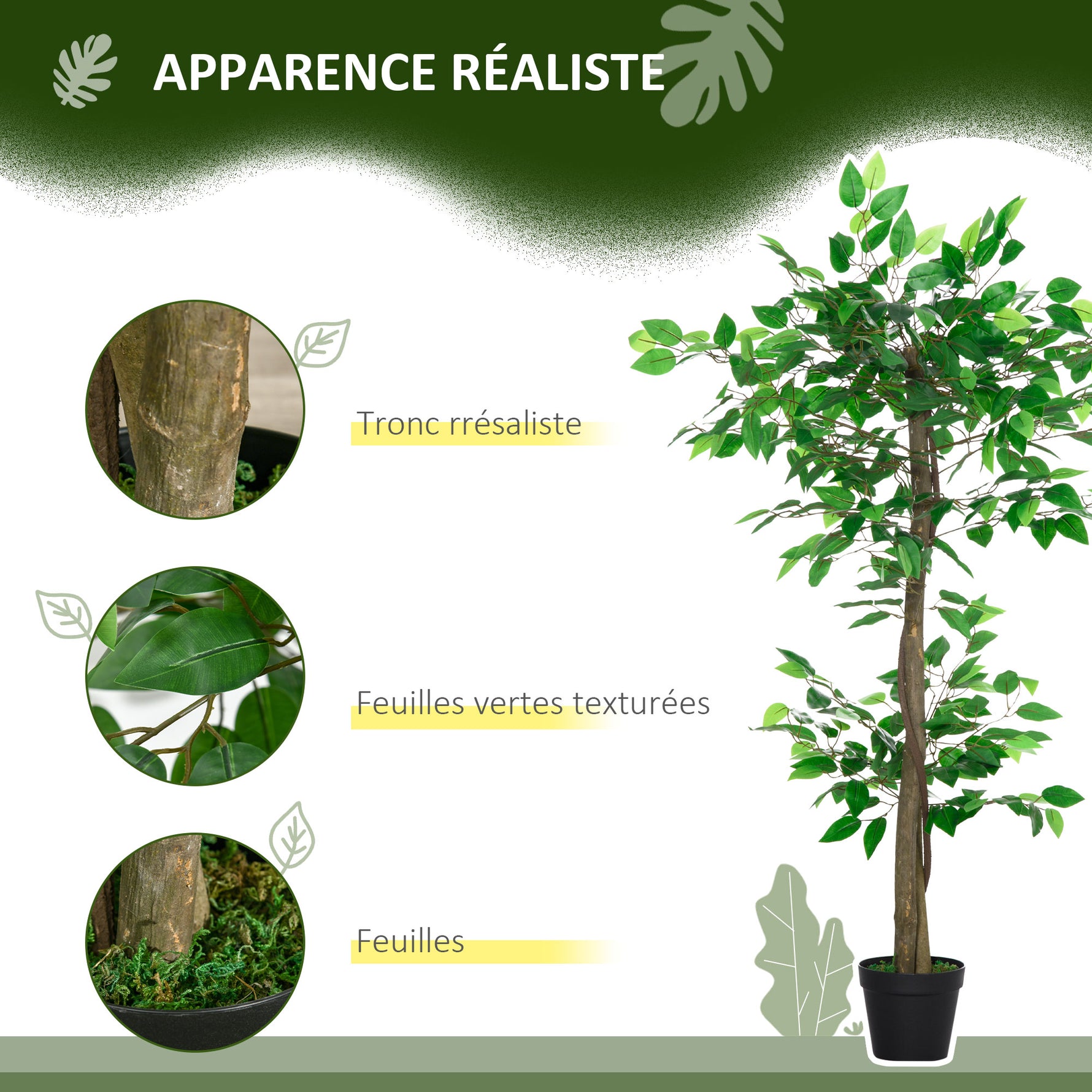 Arbre Artificiel Plante Artificiel ficus Hauteur 1,2 m Tronc Branches Liane Lichen Feuilles Grand réalisme Pot
