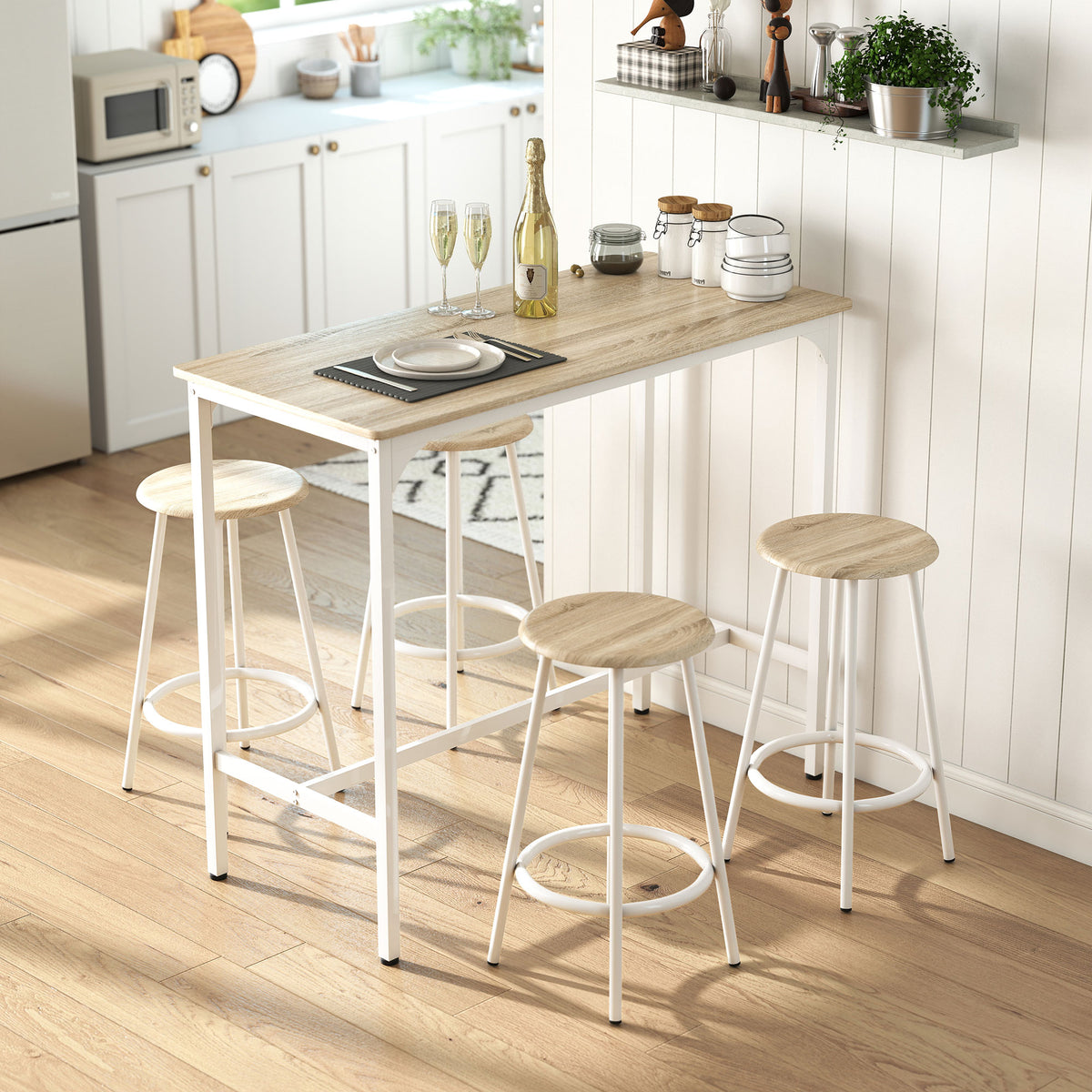 Set van bartafel en 4 krukken met voetensteun in moderne stijl, metalen frame met natuurlijk houteffect