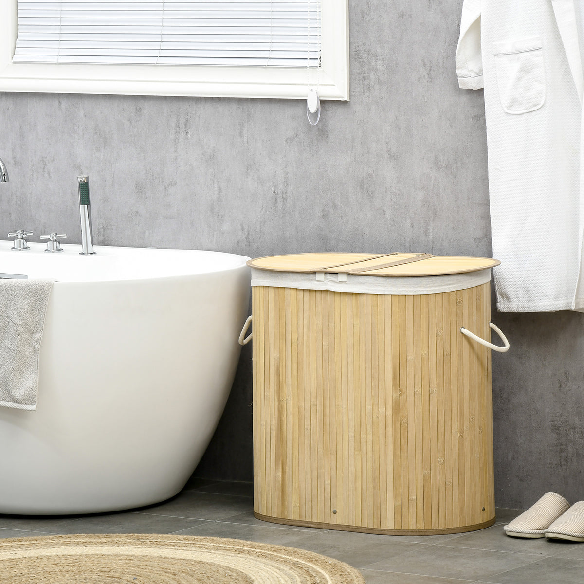 Cesto portabiancheria in bambù da 100L con 2 scomparti, coperchio e sacco rimovibile 62,5 x 37 x 60,5 cm - naturale